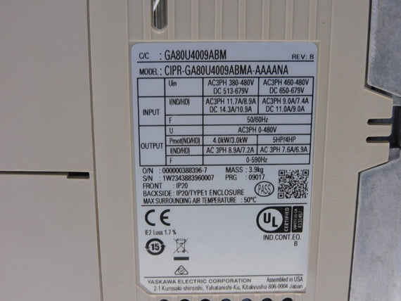 YASKAWA CIPR-GA80U4009ABMA-AAAANA 460-480VAC 9.0/7.4A REV. B NSNP