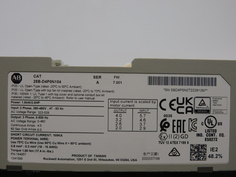 ALLEN BRADLEY 25B-D4P0N104 SER. A F/W 7.001 323-528V 5.7A NSNP