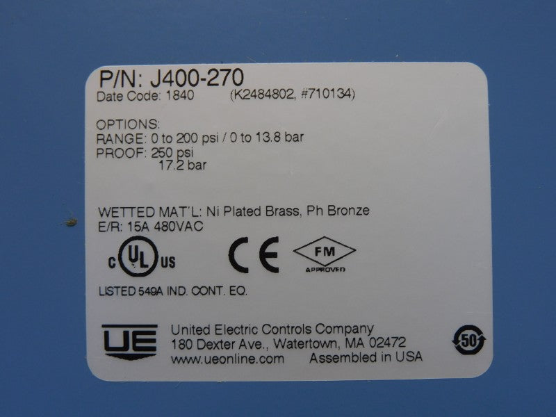 UNITED ELECTRIC J400-270 480VAC 15A 0-200PSI UNMP