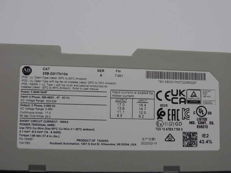 ALLEN BRADLEY 25B-D017N104 SER. A F/W 7.001 323-528V 17.0A NSNP