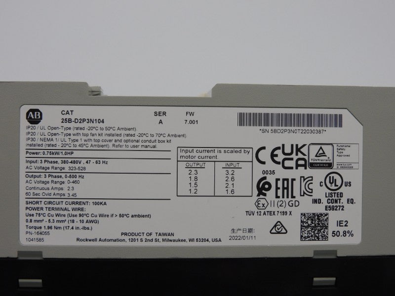 ALLEN BRADLEY 25B-D2P3N104 SER. A F/W 7.001 323-528V 3.2A NSNP