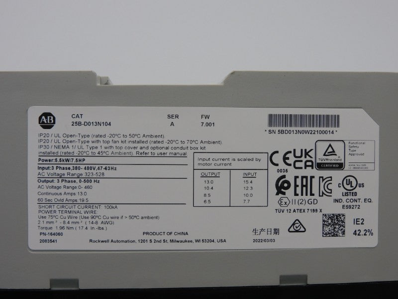 ALLEN BRADLEY 25B-D013N104 SER. A F/W 7.001 323-528V 15.4A NSNP