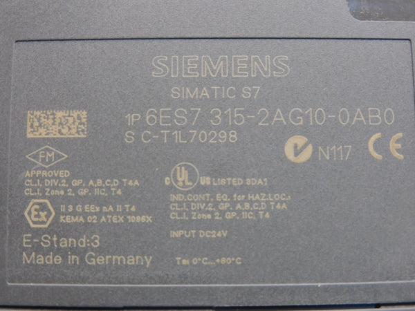 SIEMENS 6ES7315-2AG10-0AB0 VER. 2.0.10 24VDC (AS PICTURED) UNMP