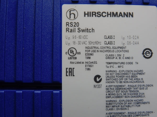 HIRSCHMANN RS20 9.6-60VDC 1.0-0.2A UNMP