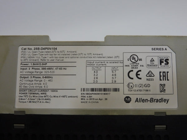 ALLEN BRADLEY 25B-D4P0N104 SER. A F/W 4.001 323-528V 4.0A (NO COVER) UNMP