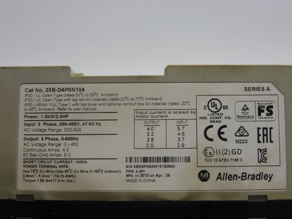 ALLEN BRADLEY 25B-D4P0N104 SER. A F/W 4.001 323-528V 4.0A UNMP