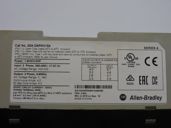 ALLEN BRADLEY 25A-D4P0N104 SER. A F/W 2.002 323-528V 4.0A UNMP