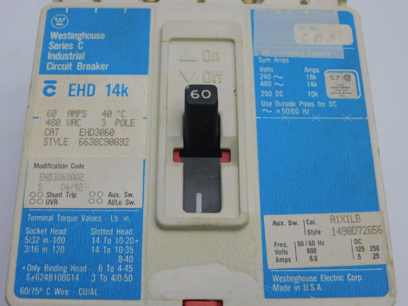 WESTINGHOUSE EHD3060 A1X1LB SER. C 480VAC 60A (AS PICTURED) UNMP