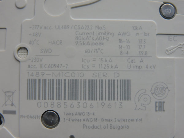 ALLEN BRADLEY 1489-M1C010 SER. D 277V 1A (PKG OF 2) NSMP