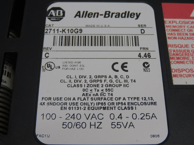 ALLEN BRADLEY 2711-K10G9 SER. D F/W 4.46 REV. C 100-240VAC 0.4-0.25A UNMP