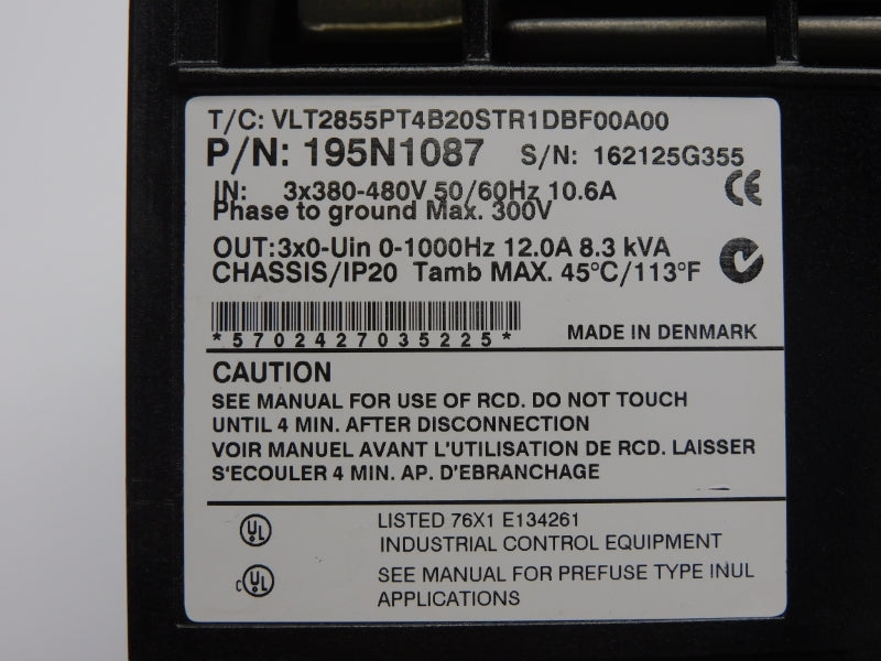 DANFOSS VLT2855PT4B20STR1DBF00A00 195N1087 380-480V 10.6A (AS PICTURED) UNMP