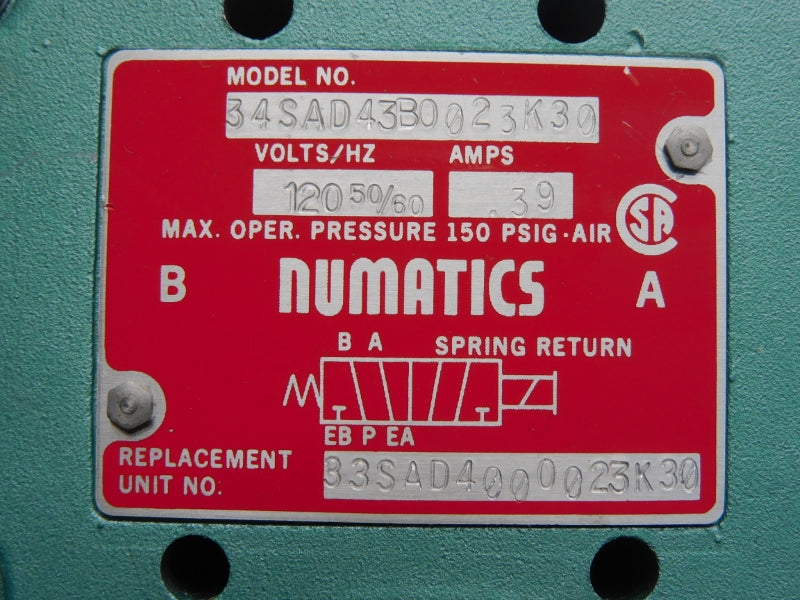 NUMATICS 34SAD43BO023K30 120V .39A 150PSI NSNP