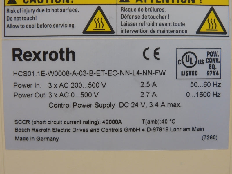 REXROTH HCS01.1E-W0008-A-03-B-ET-EC-NN-L4-NN-FW R911331605 0-500V 3.4A UNMP