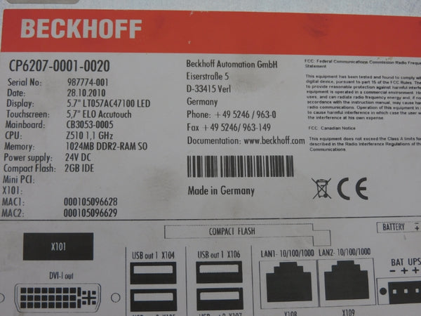 BECKHOFF CP6207-0001-0020 24VDC UNMP
