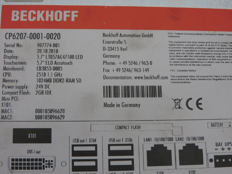 BECKHOFF CP6207-0001-0020 24VDC UNMP