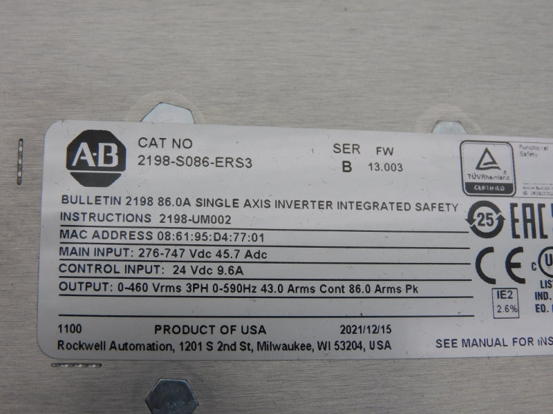 ALLEN BRADLEY 2198-S086-ERS3 SER. B F/W 13.003 276-747VDC 9.6A NSNP