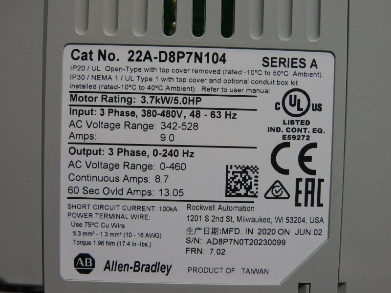 ALLEN BRADLEY 22A-D8P7N104 SER. A F/W 7.02 342-528V 9.0A NSNP
