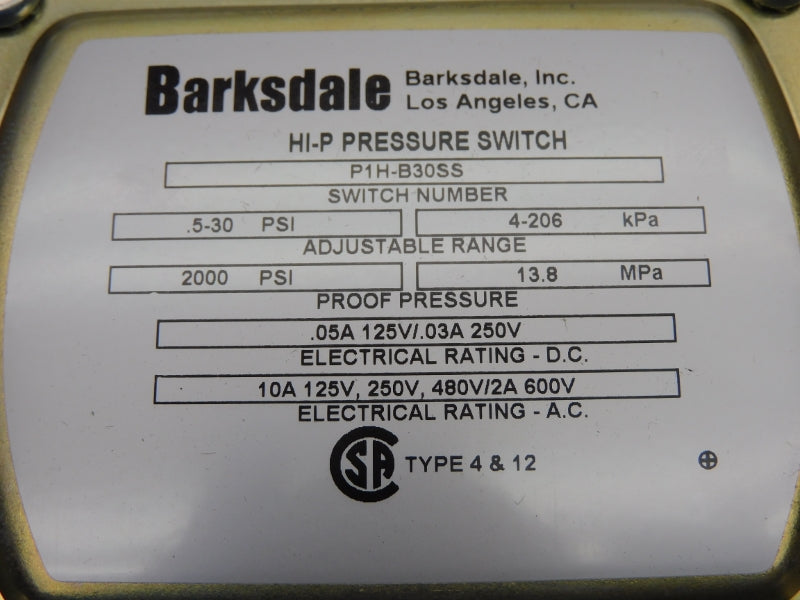 BARKSDALE P1H-B30SS 600V 10A .5-30PSI NSNP