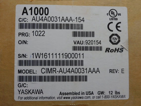 YASKAWA CIMR-AU4A0031AAA REV. E 0-480V 38/29A NSMP