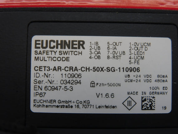 EUCHNER CET3-AR-CRA-CH-50X-SG-110906 VER. 1.6.6 24VDC NSMP