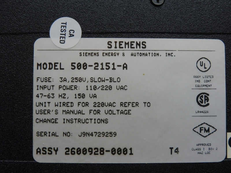 SIEMENS 500-2151-A 110/220VAC 3A (AS PICTURED) UNMP