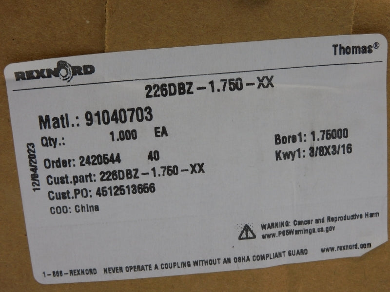 REXNORD 226DBZ-1.750-XX 91040703 1.75" NSMP