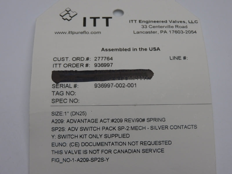 ITT 1-A209-SP2S-Y 1" NSNP
