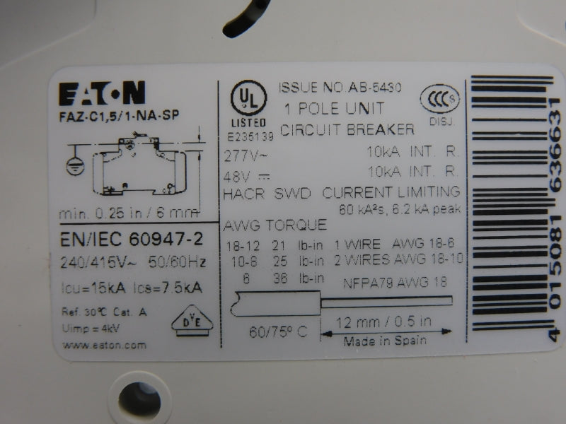 EATON FAZ-C1.5/1-NA-SP 167166 277VAC 1.5A NSMP