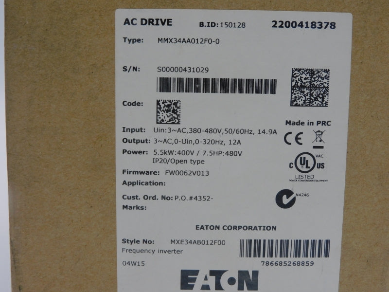 EATON MMX34AA012F0-0 F/W FW0062V013 380-480V 14.9A NSMP