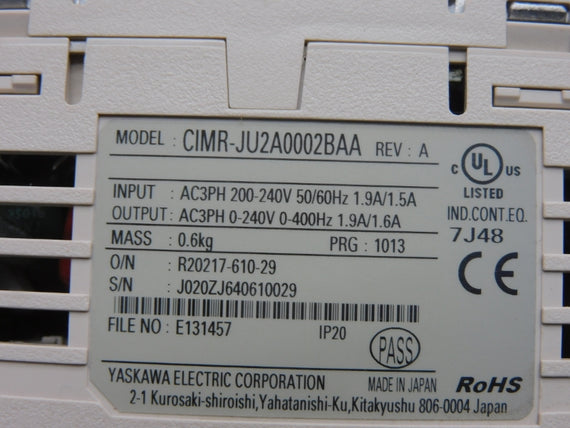 YASKAWA CIMR-JU2A0002BAA REV. A 0-240V 1.9/1.5A UNMP