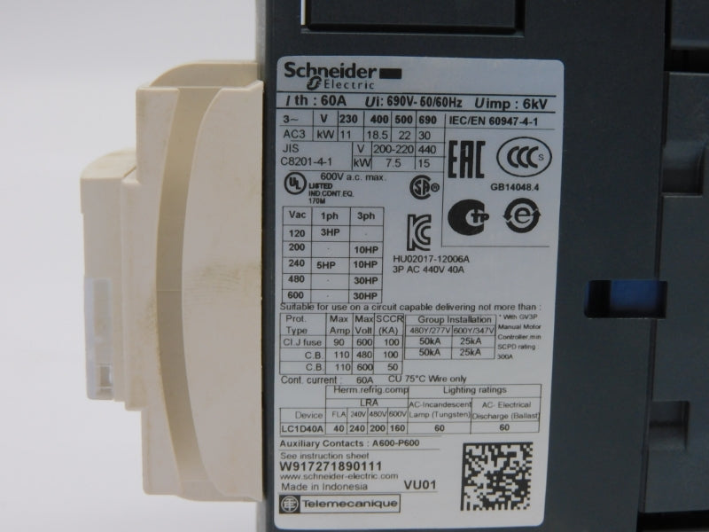 SCHNEIDER ELECTRIC LC1D40AU7 240VAC 40A NSMP