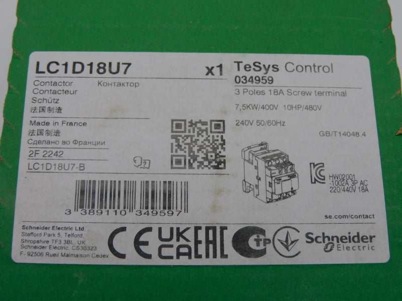 SCHNEIDER ELECTRIC LC1D18U7 240V 18A (GREEN) NSFS