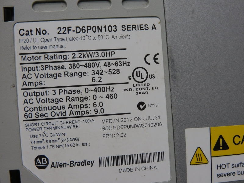 ALLEN BRADLEY 22F-D6P0N103 SER. A F/W 2.02 342-528VAC 6.2A (AS IS) UNMP