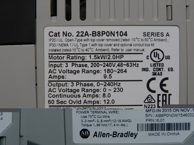 ALLEN BRADLEY 22A-B8P0N104 SER. A F/W 6.01 180-264VAC 9.5A UNMP