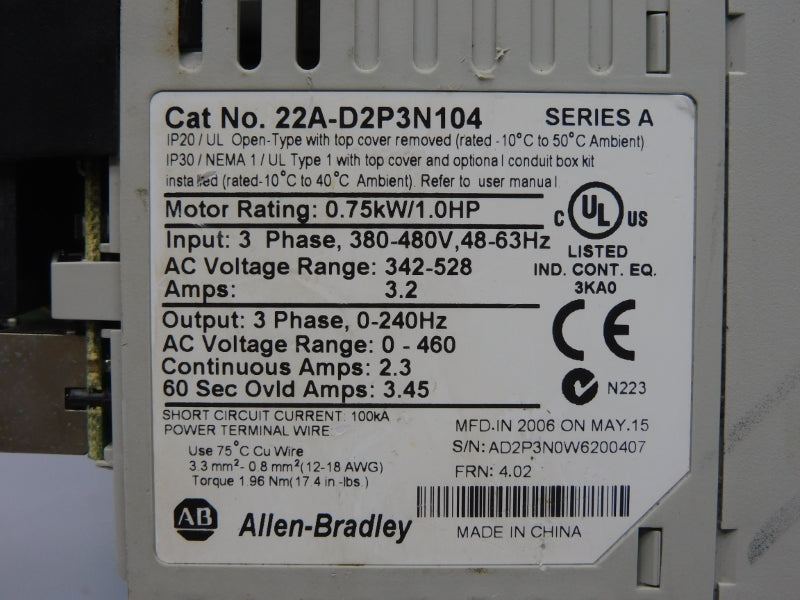 ALLEN BRADLEY 22A-D2P3N104 SER. A F/W 4.02 342-528V 3.2A (AS IS) UNMP