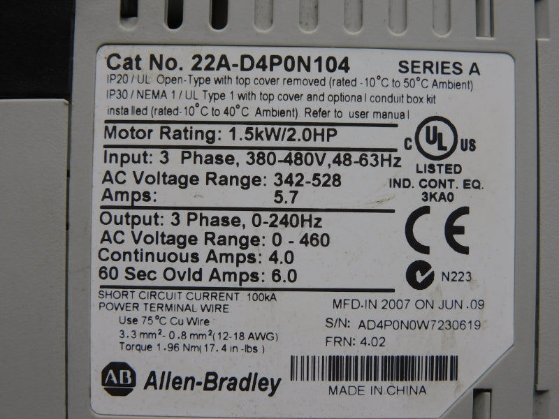 ALLEN BRADLEY 22A-D4P0N104 SER. A F/W 4.02 342-528V 5.7A UNMP