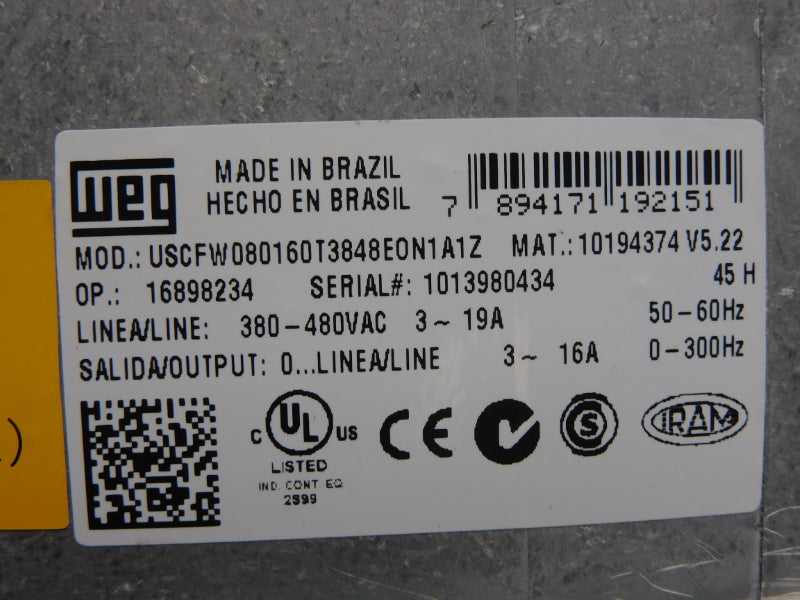 WEG USCFW080160T3848E0N1A1Z 380-480VAC 3-19A NSNP