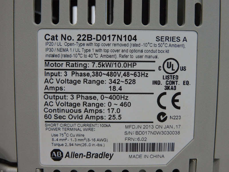 ALLEN BRADLEY 22B-D017N104 SER. A F/W 6.02 342-528VAC 18.4A UNMP