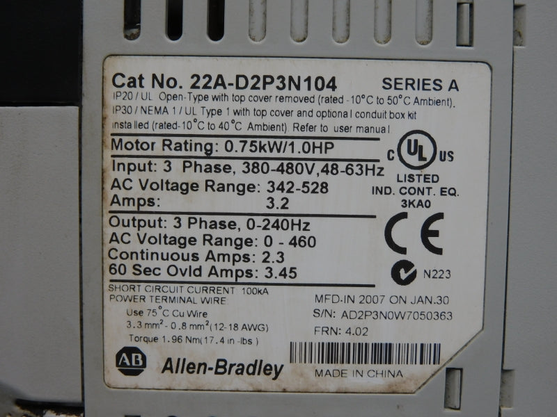 ALLEN BRADLEY 22A-D2P3N104 SER. A F/W 4.02 342-528V 3.2A UNMP