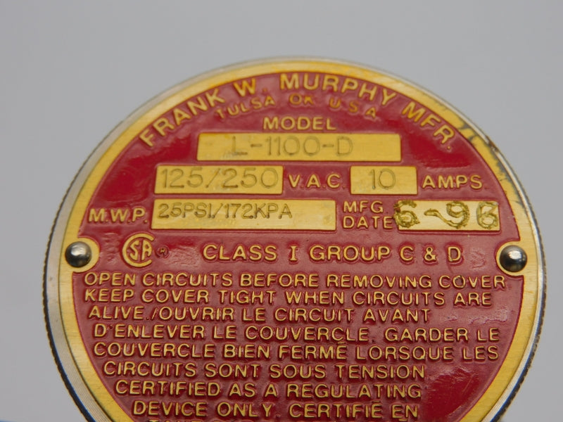 FRANK W. MURPHY L-1100-D 15-70-0048 125/250VAC 10A 25PSI NSMP