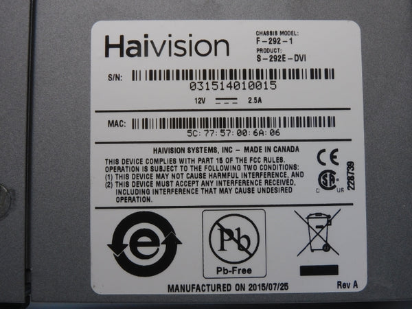 HAIVISION F-292-1 REV. A 12V 2.5A NSNP