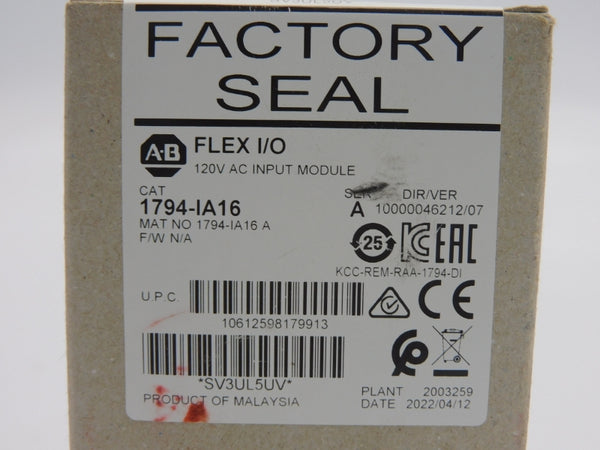 ALLEN BRADLEY 1794-IA16 SER. A VER. 07 120VAC DATE: 2022 NSFS