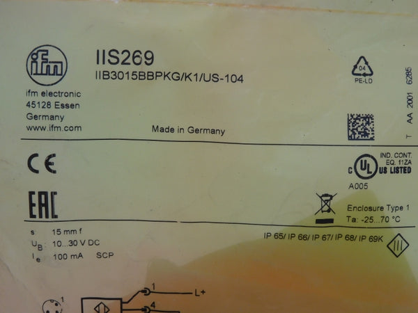 IFM EFECTOR IIB3015BBPKG/K1/US-104 IIS269 10-30VDC NSMP