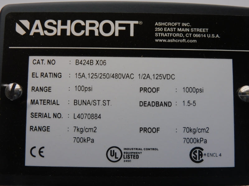 ASHCROFT B424BX06 480VAC 15A 100PSI NSMP