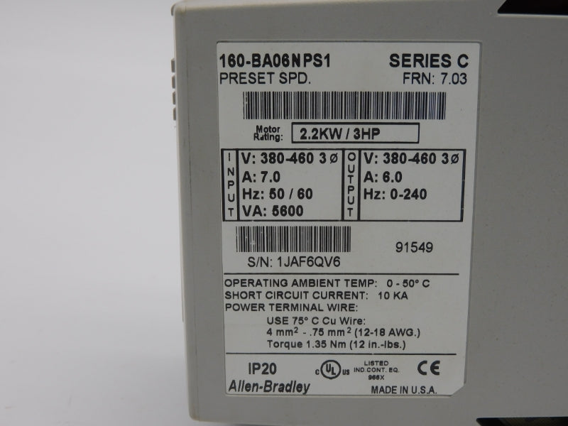 ALLEN BRADLEY 160-BA06NPS1 SER. C F/W 7.03 380-460V 7.0A (BR/WH) NSMP