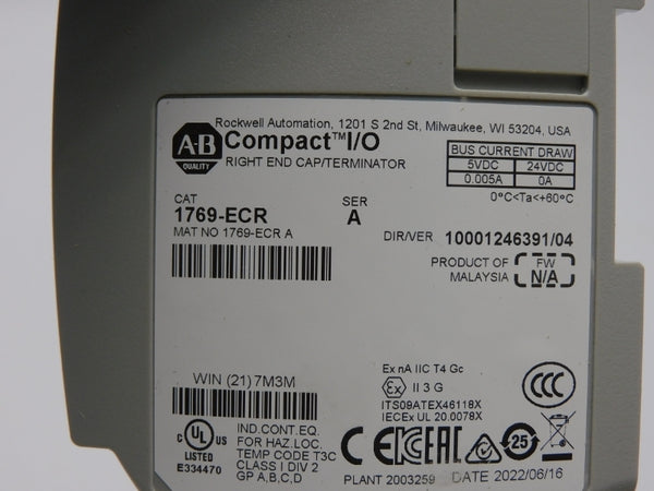 ALLEN BRADLEY 1769-ECR SER. A VER. 04 24VDC 0.005A NSMP