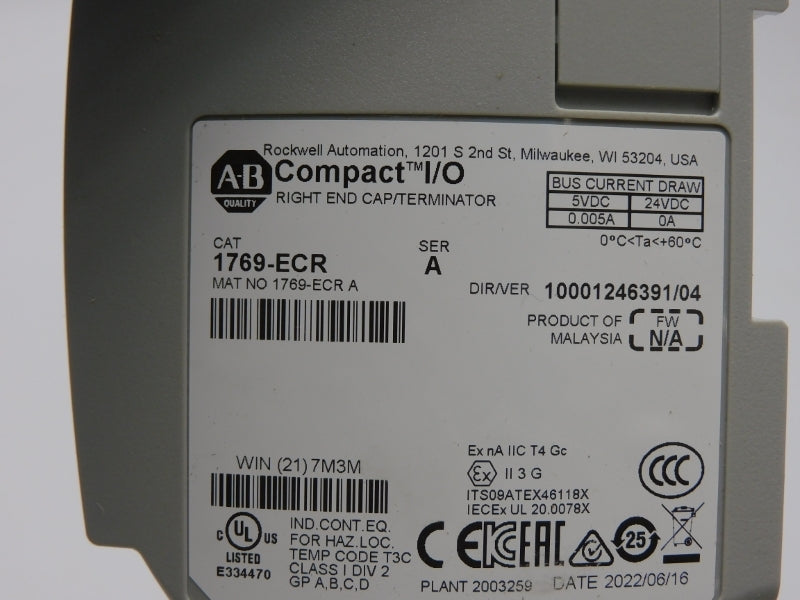 ALLEN BRADLEY 1769-ECR SER. A VER. 04 24VDC 0.005A NSMP