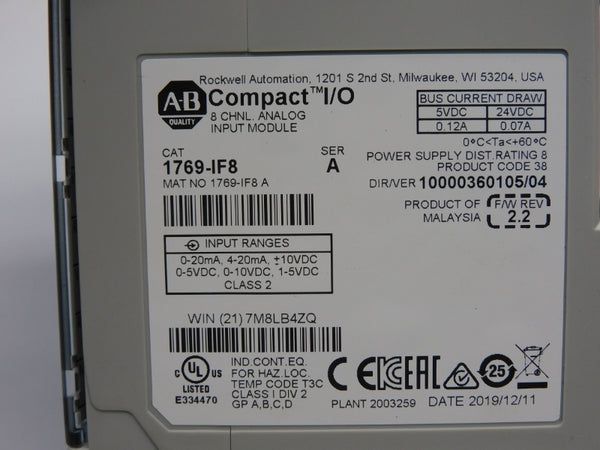 ALLEN BRADLEY 1769-IF8 SER. A F/W 2.2 VER. 04 24VDC 0.12A NSMP