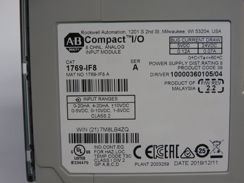 ALLEN BRADLEY 1769-IF8 SER. A F/W 2.2 VER. 04 24VDC 0.12A NSMP