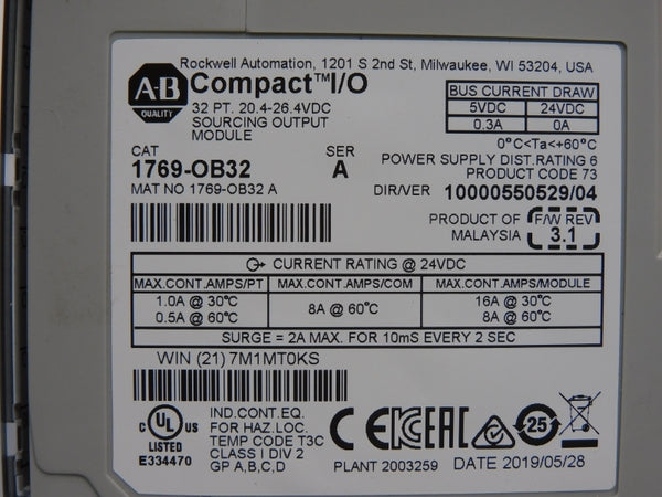 ALLEN BRADLEY 1769-OB32 SER. A F/W 3.1 VER. 04 24VDC 16A NSMP